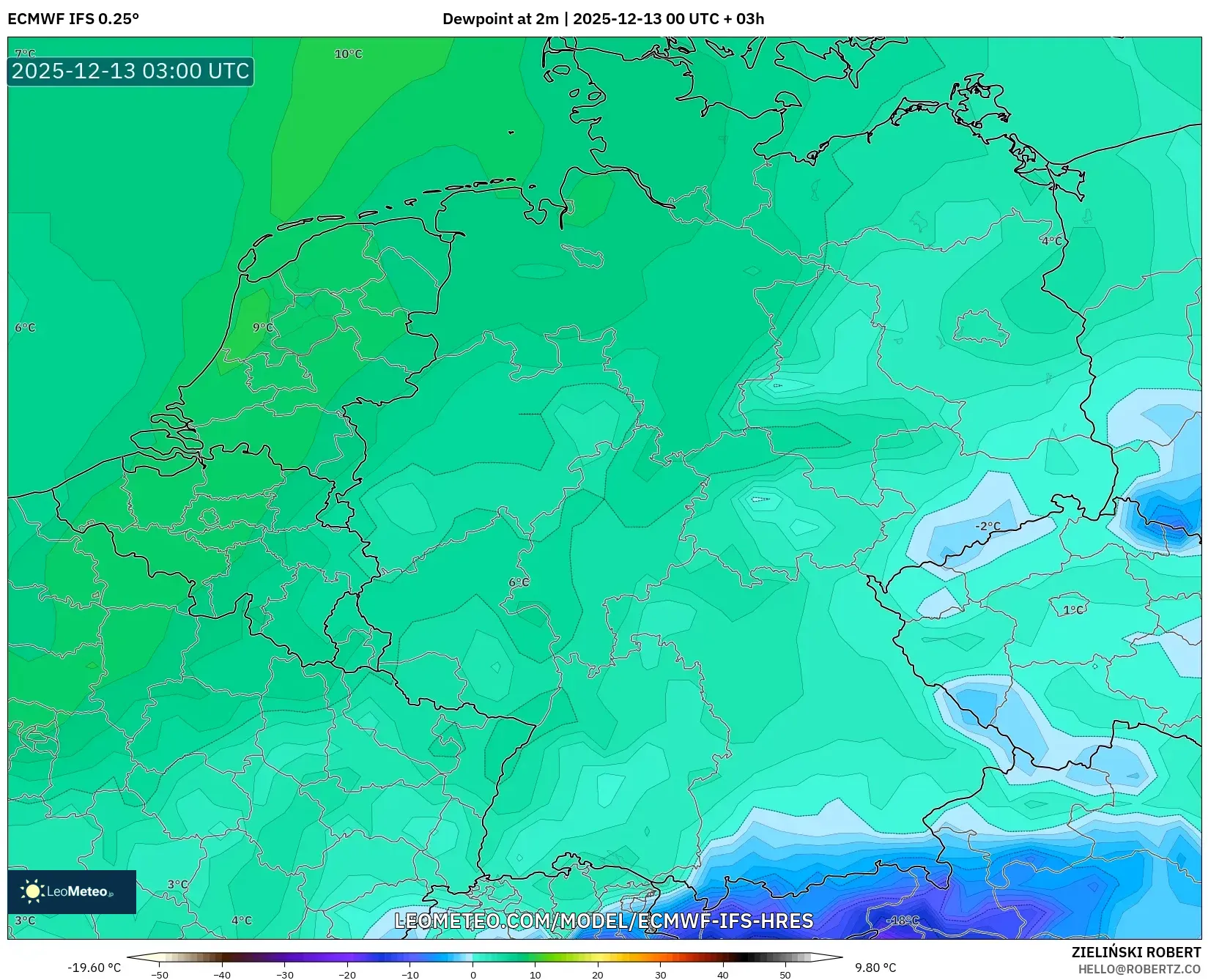 ECMWF IFS 0.25° model - Jerman, Titik Embun 2 m
