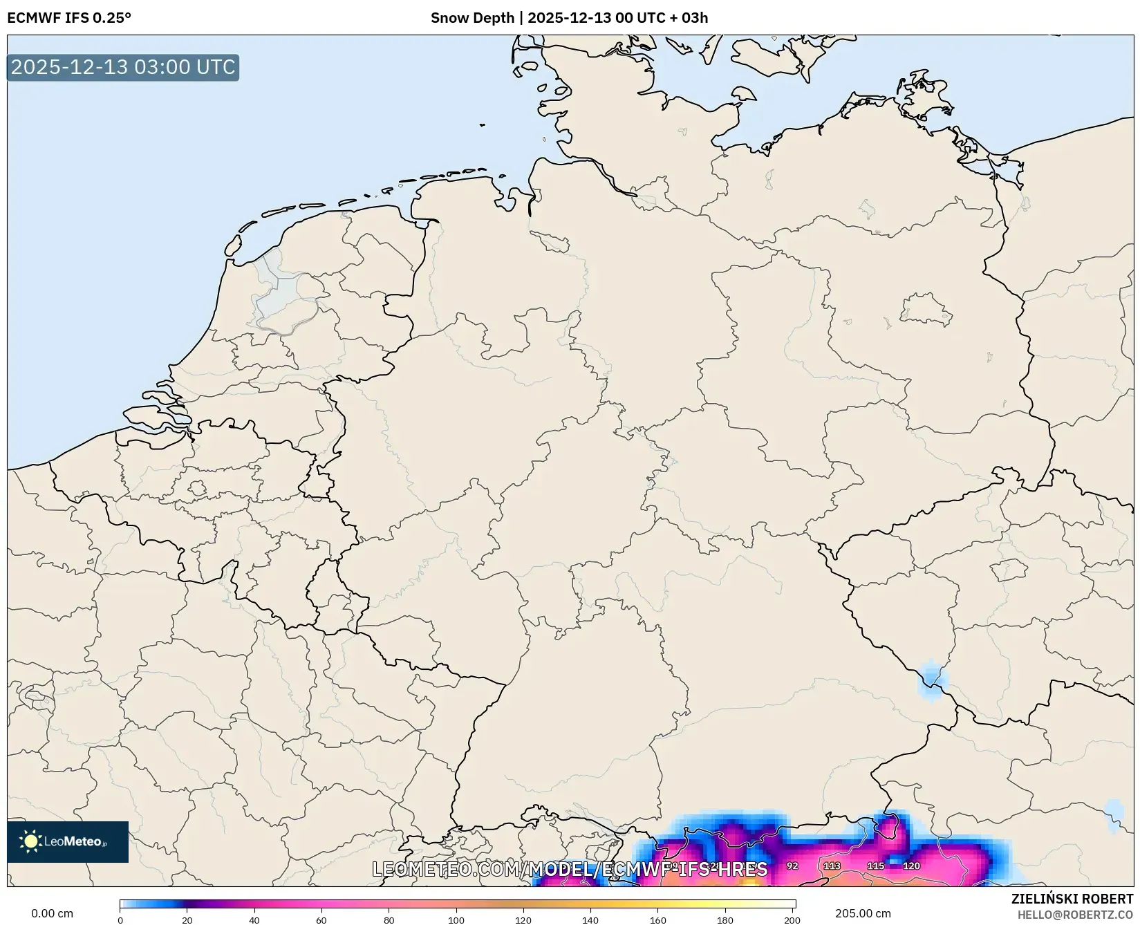 ECMWF IFS 0.25° model - Jerman, Kedalaman Salju