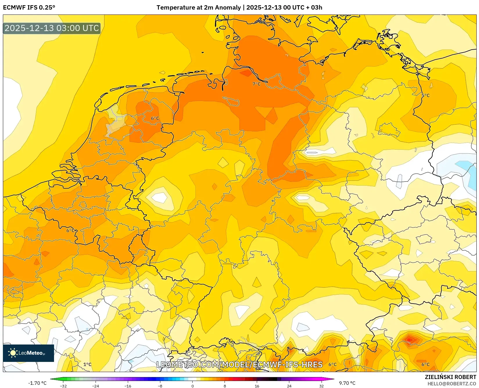 ECMWF IFS 0.25° model - Jerman, Anomali Suhu 2 m