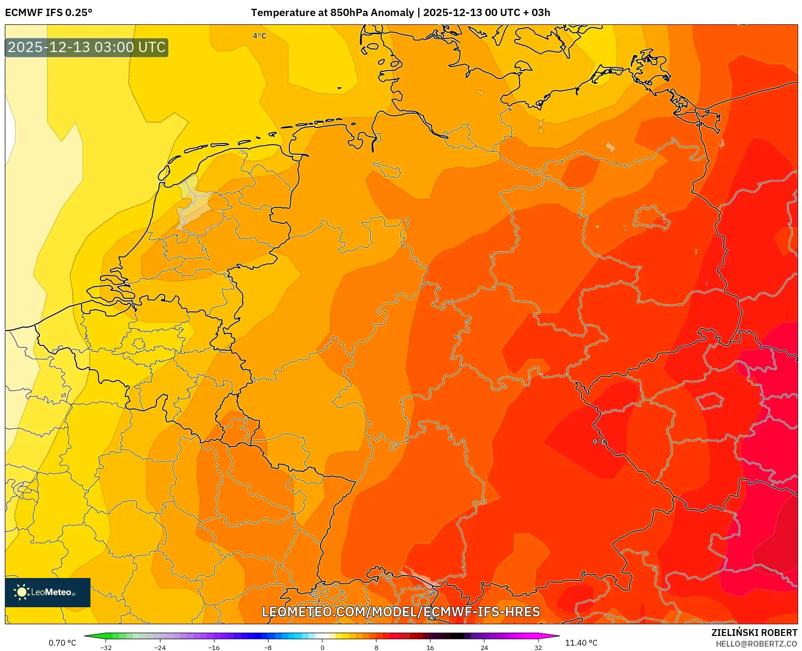 ECMWF IFS 0.25° model - Jerman, Anomali Suhu 850 hPa
