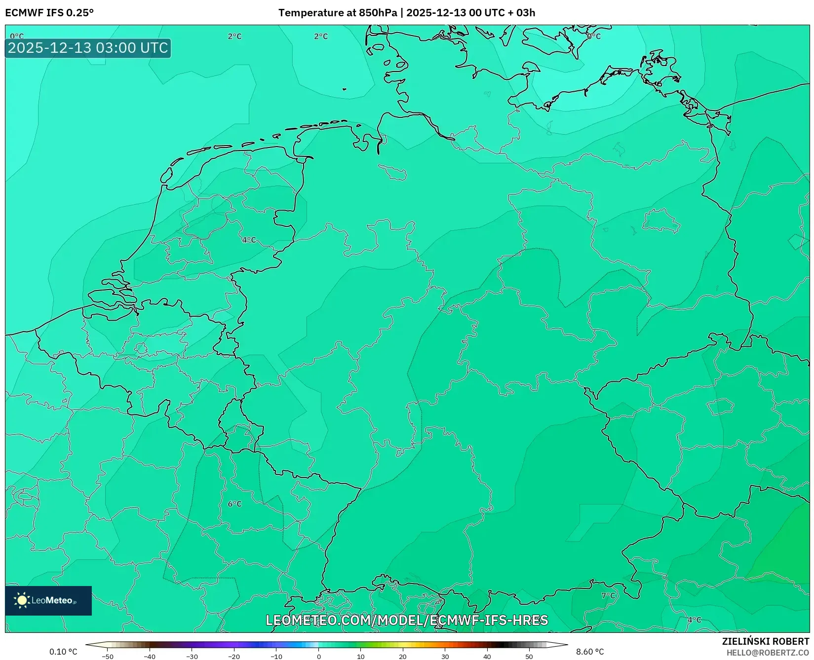 ECMWF IFS 0.25° model - Germany, Temperature at 850hPa