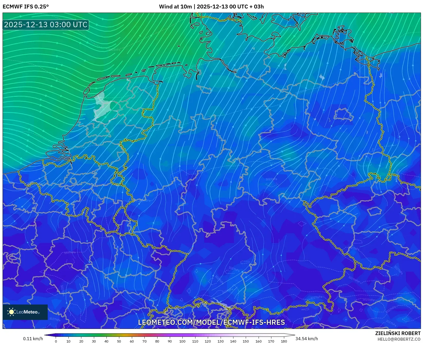 ECMWF IFS 0.25° model - Germany, Wind at 10m