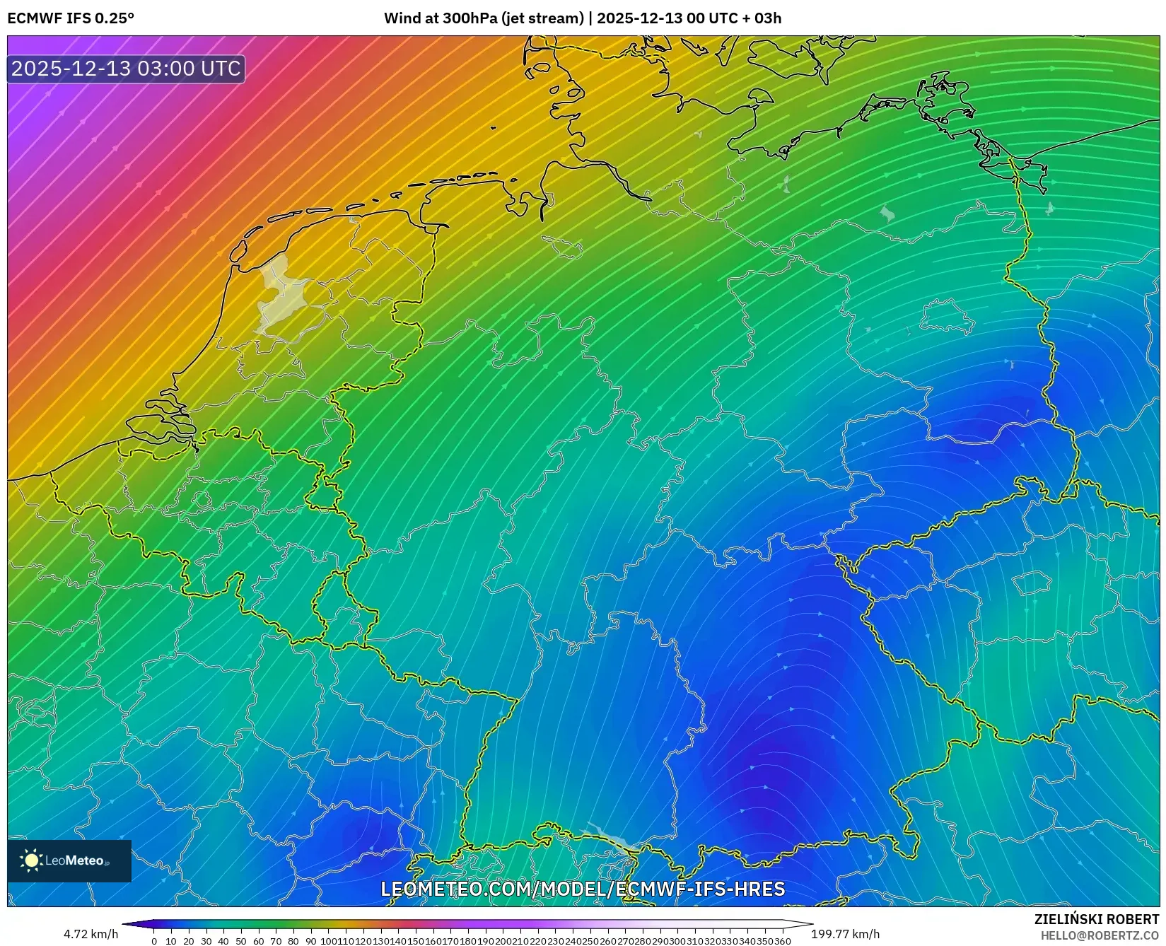 ECMWF IFS 0.25° model - Jerman, Angin 300 hPa (aliran jet)