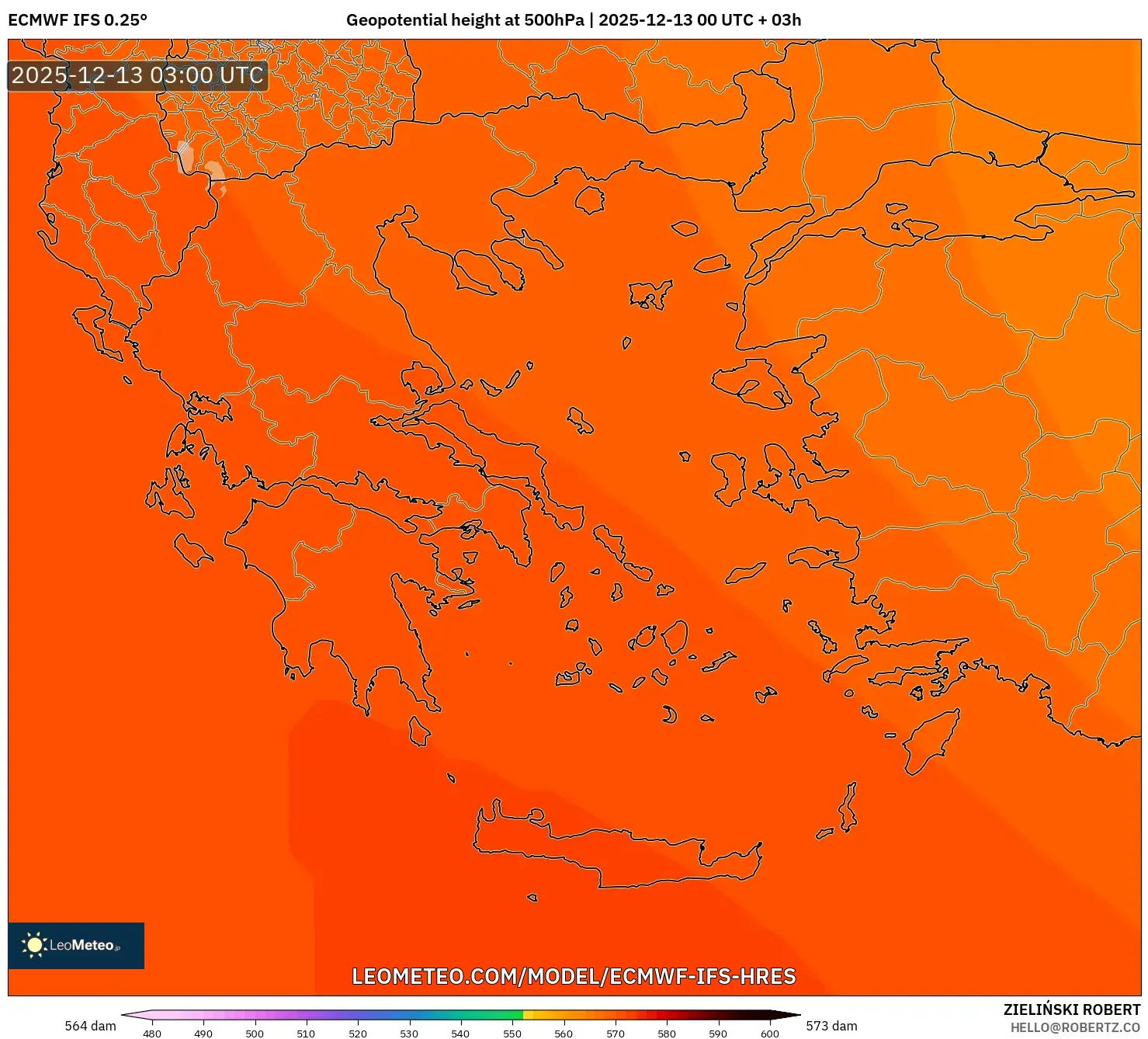 ECMWF IFS 0.25° model - Greece, Geopotential height at 500hPa