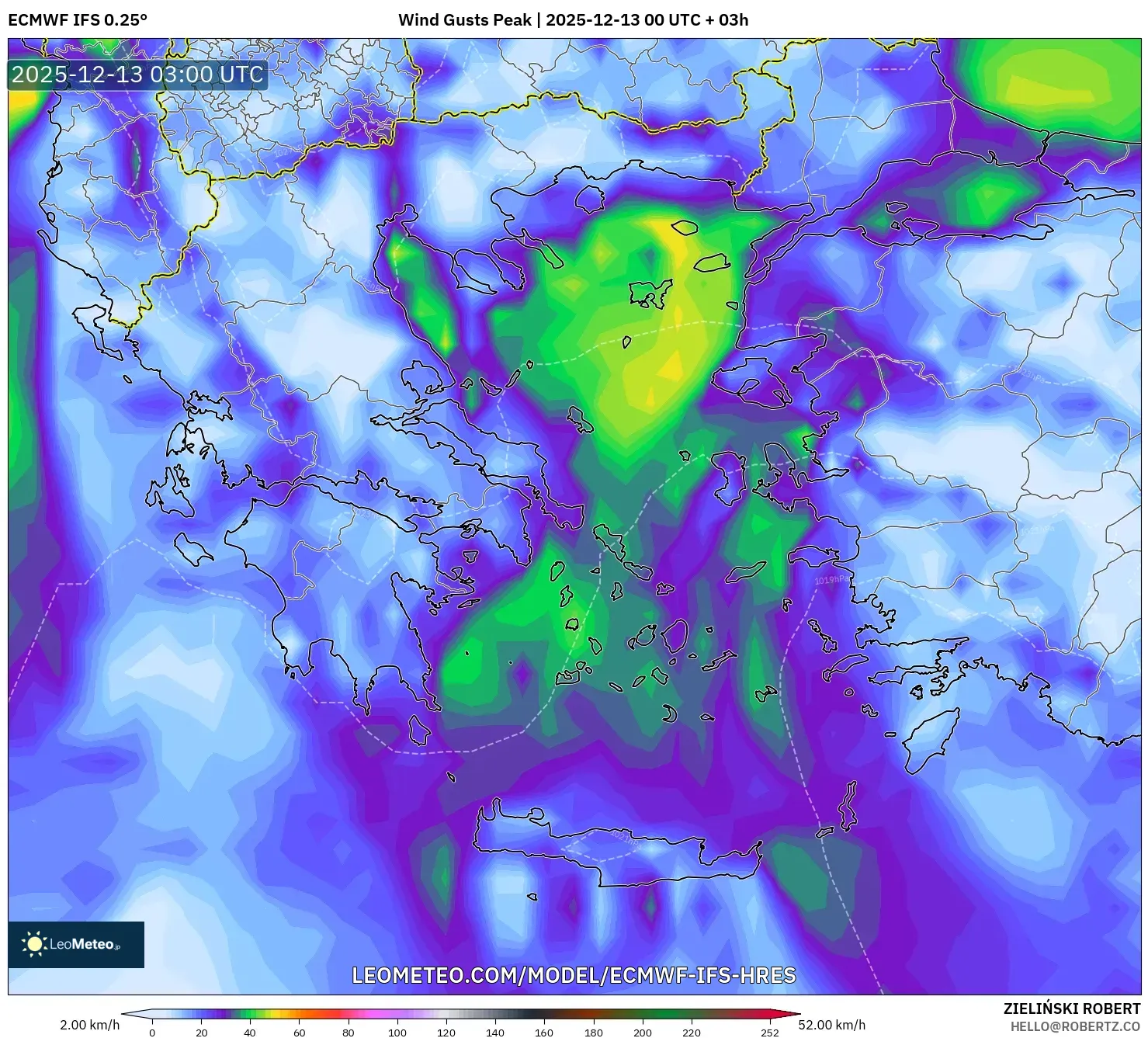 ECMWF IFS 0.25° model - Yunani, Puncak Hembusan