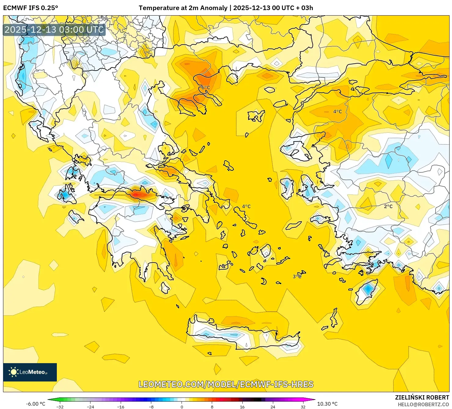 ECMWF IFS 0.25° model - Yunani, Anomali Suhu 2 m