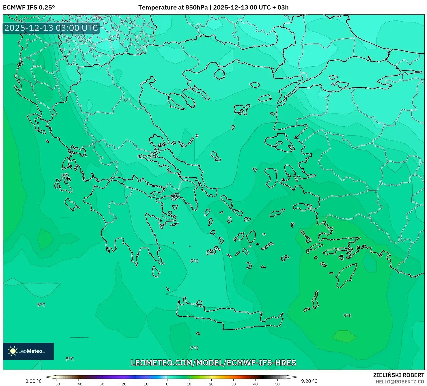 ECMWF IFS 0.25° model - Greece, Temperature at 850hPa