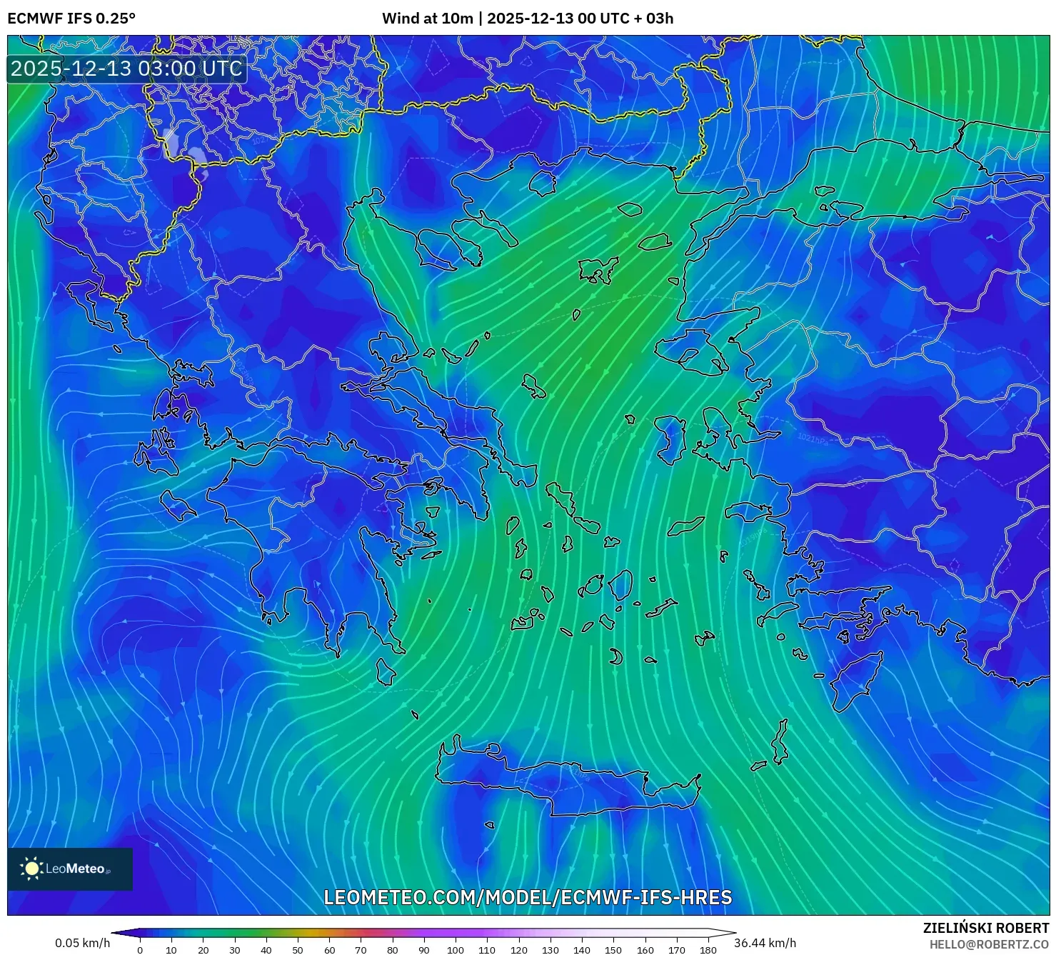ECMWF IFS 0.25° model - Greece, Wind at 10m