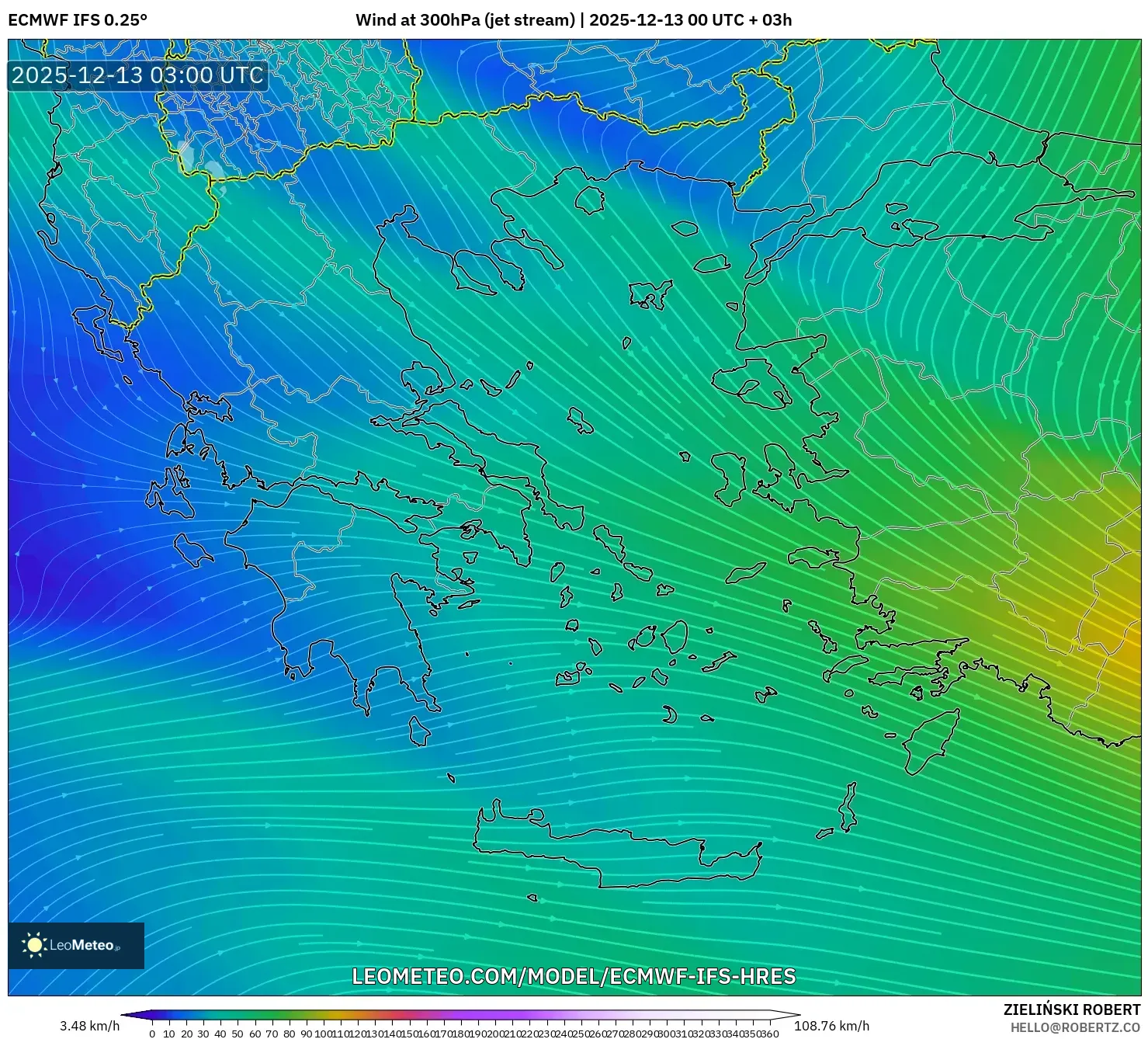 ECMWF IFS 0.25° model - Yunani, Angin 300 hPa (aliran jet)