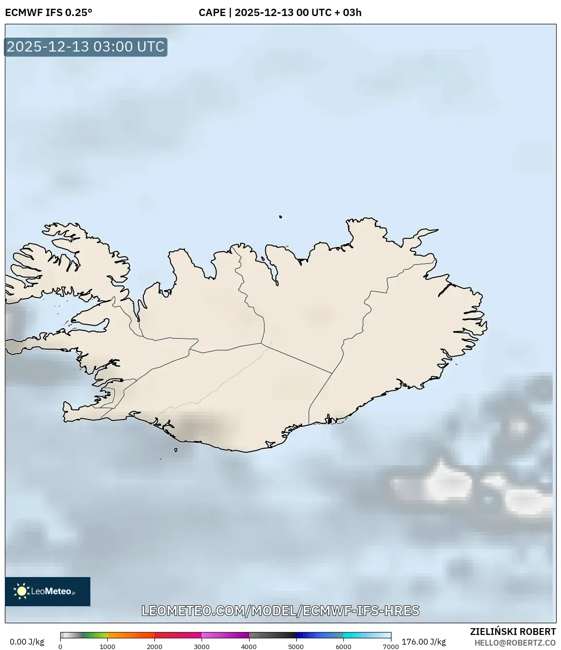 ECMWF IFS 0.25° model - Iceland, CAPE