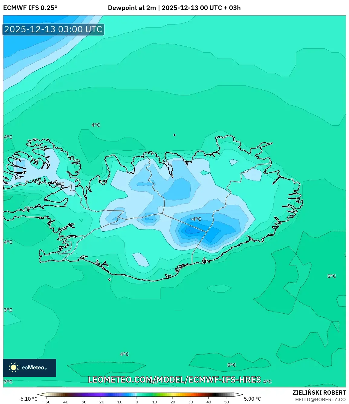 ECMWF IFS 0.25° model - Islandia, Titik Embun 2 m