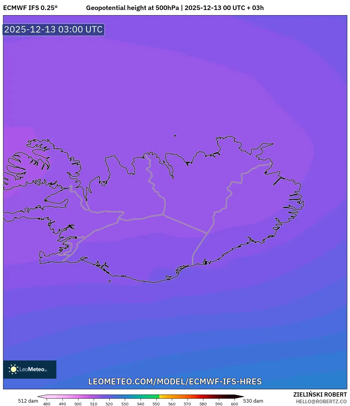 ECMWF IFS 0.25° model - Islandia, Ketinggian geopotensial pada 500 hPa