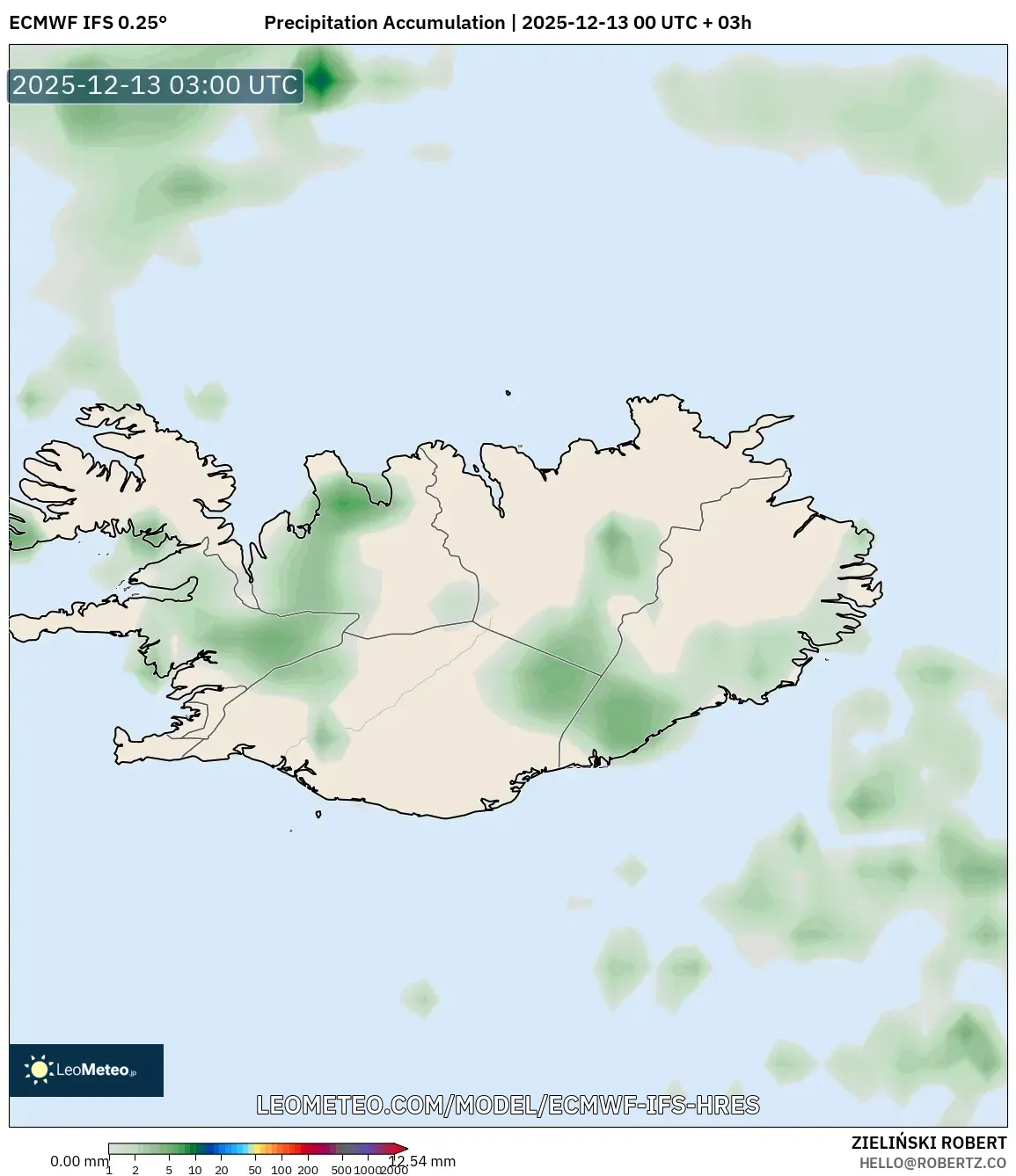 ECMWF IFS 0.25° model - Islandia, Akumulasi Curah Hujan