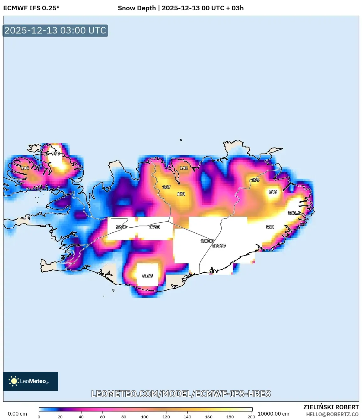ECMWF IFS 0.25° model - Islandia, Kedalaman Salju