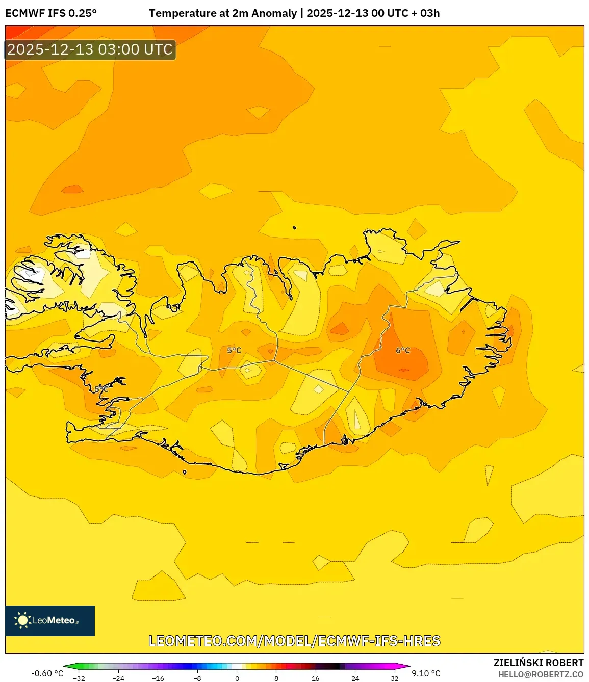 ECMWF IFS 0.25° model - Islandia, Anomali Suhu 2 m