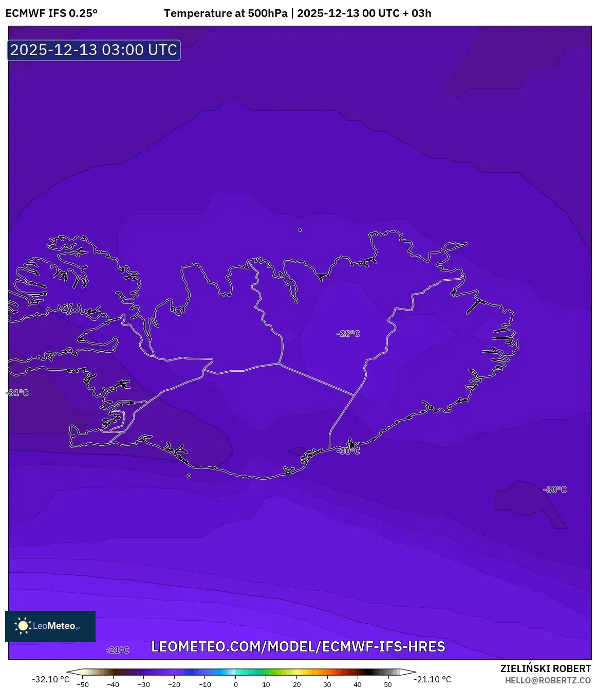 ECMWF IFS 0.25° model - Islandia, Suhu 500 hPa