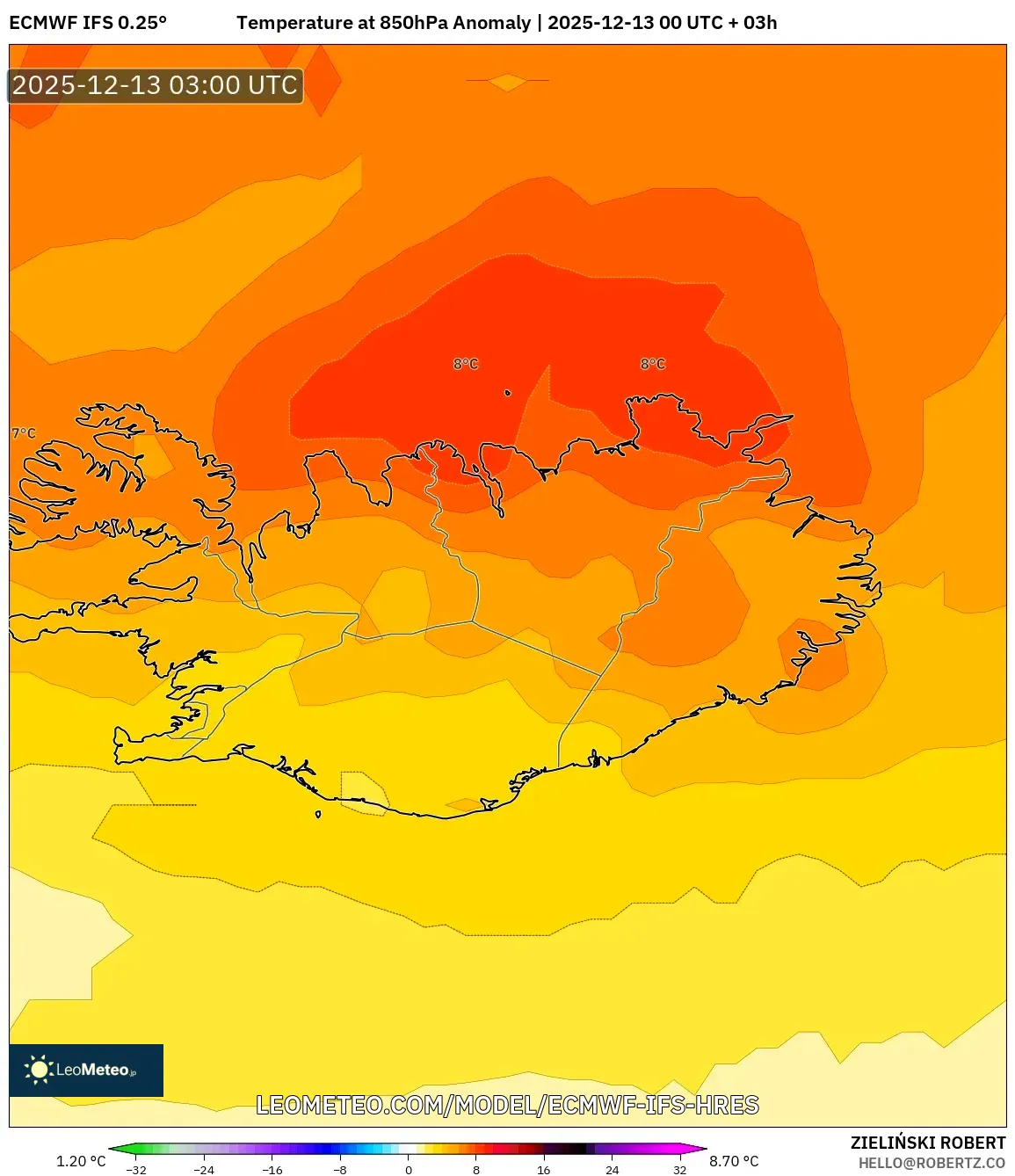 ECMWF IFS 0.25° model - Islandia, Anomali Suhu 850 hPa