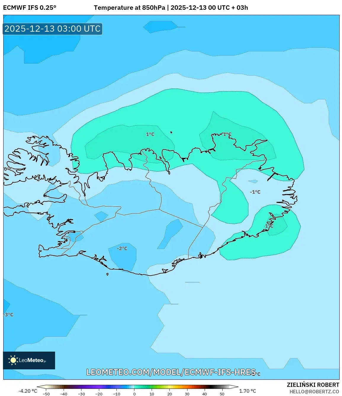 ECMWF IFS 0.25° model - Islandia, Suhu 850 hPa