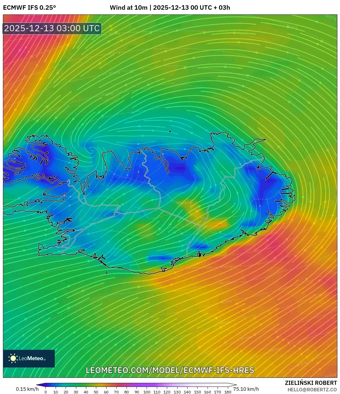 ECMWF IFS 0.25° model - Islandia, Angin 10 m