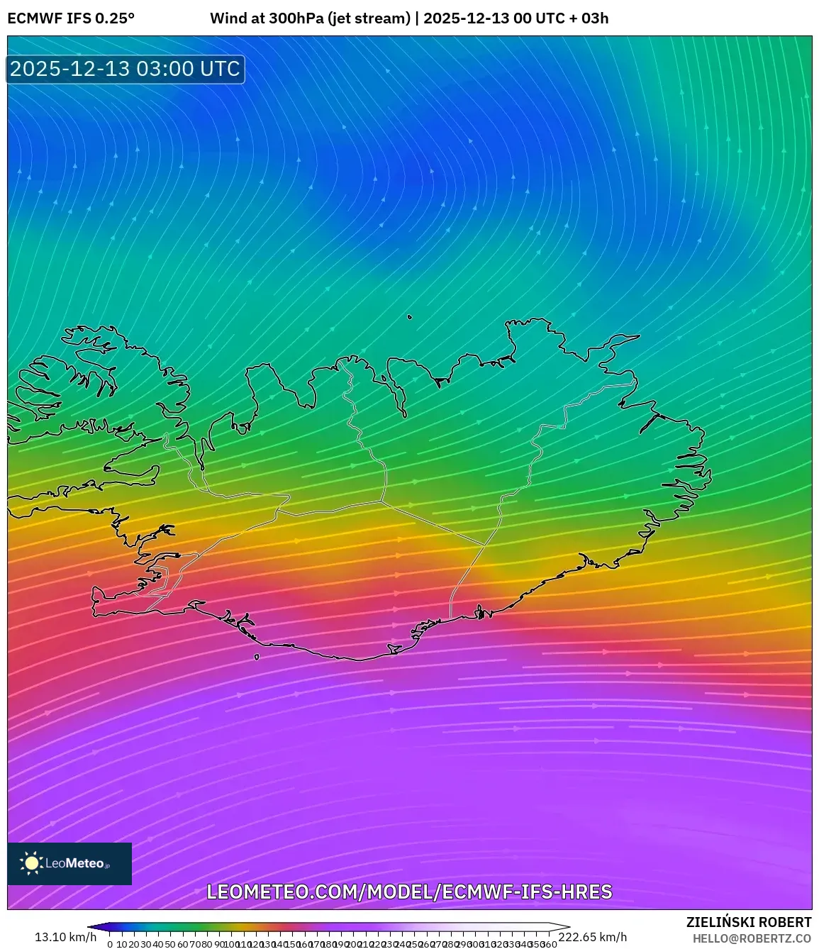 ECMWF IFS 0.25° model - Islandia, Angin 300 hPa (aliran jet)