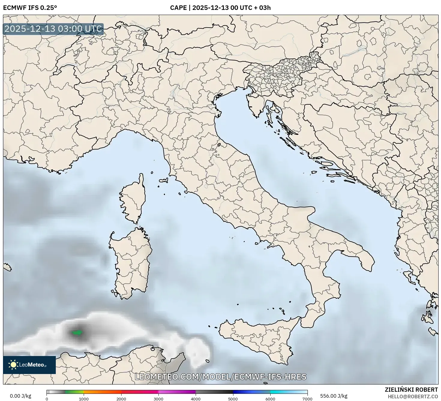 ECMWF IFS 0.25° model - Italia, CAPE