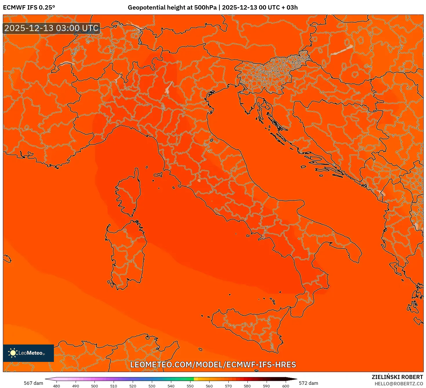ECMWF IFS 0.25° model - Italia, Ketinggian geopotensial pada 500 hPa
