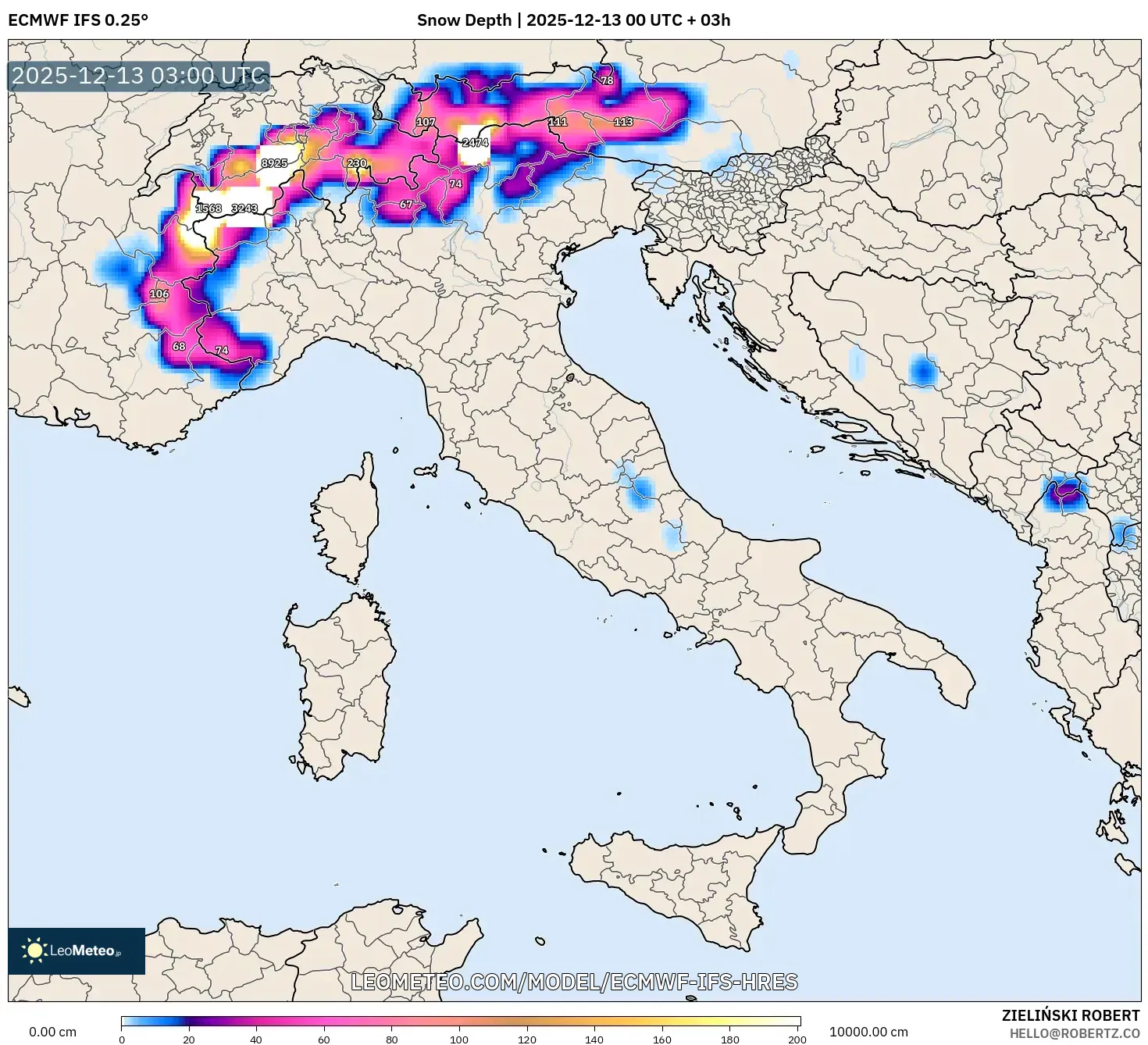 ECMWF IFS 0.25° model - Italy, Snow Depth