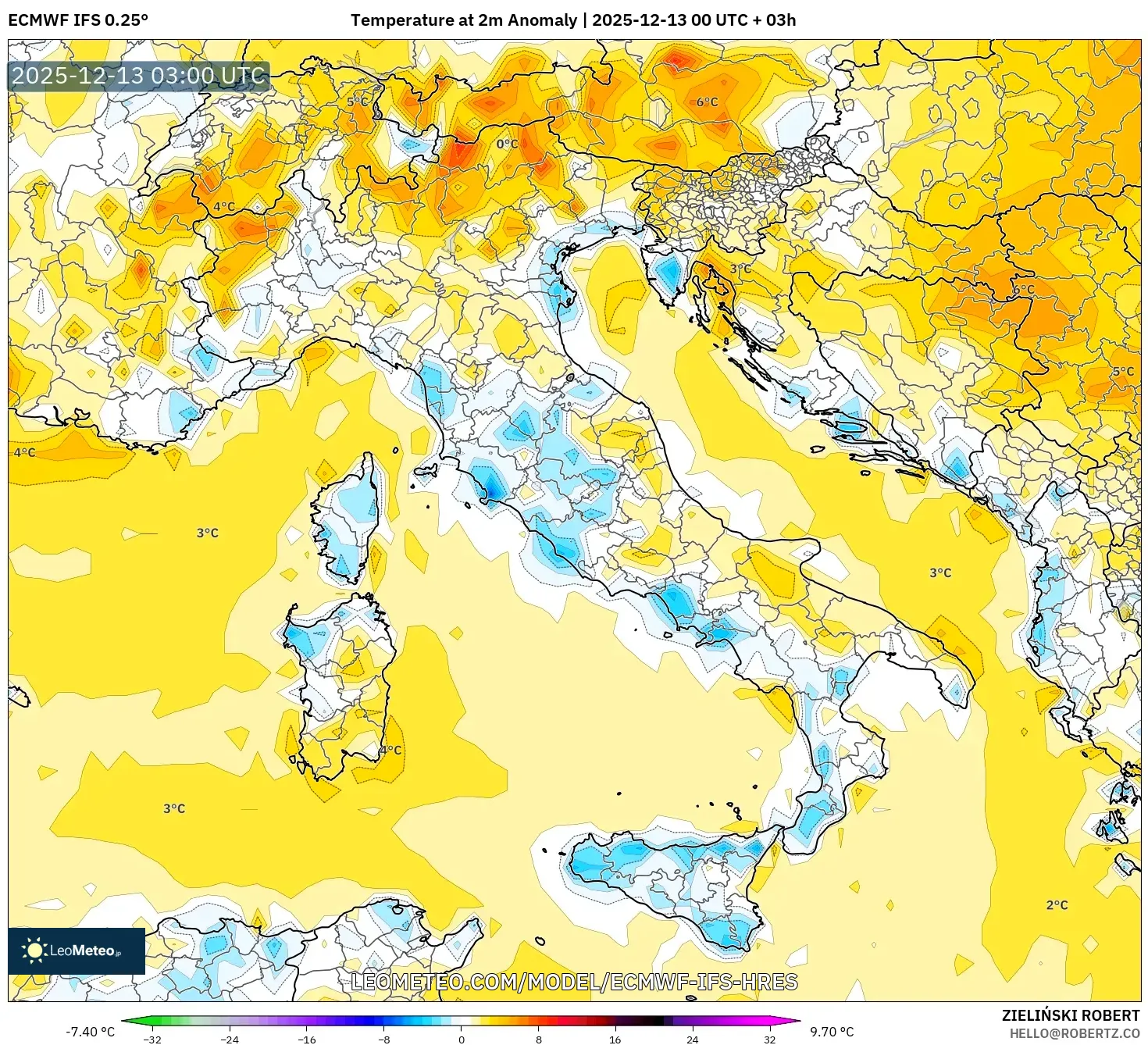 ECMWF IFS 0.25° model - Italia, Anomali Suhu 2 m