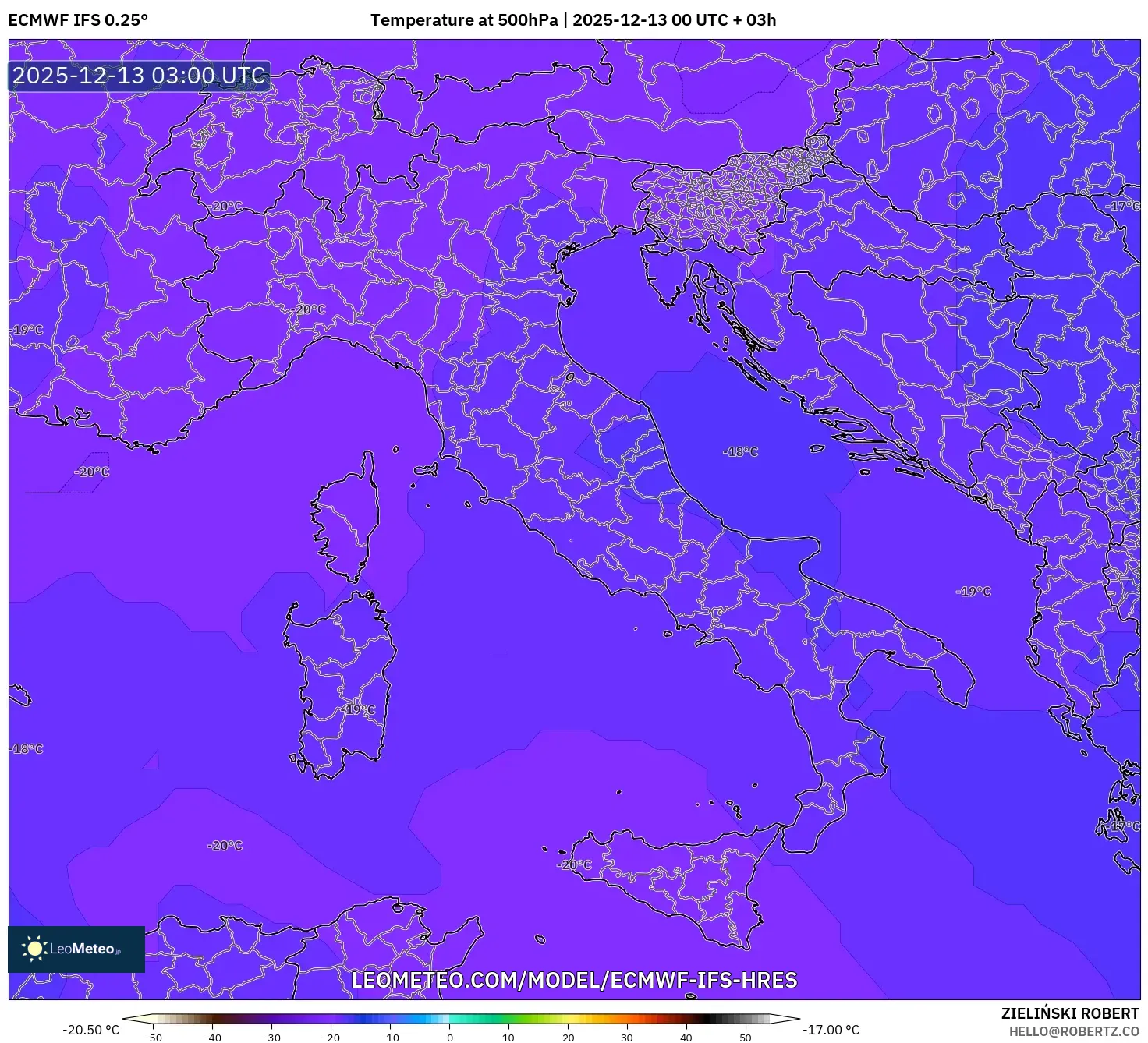 ECMWF IFS 0.25° model - Italy, Temperature at 500hPa