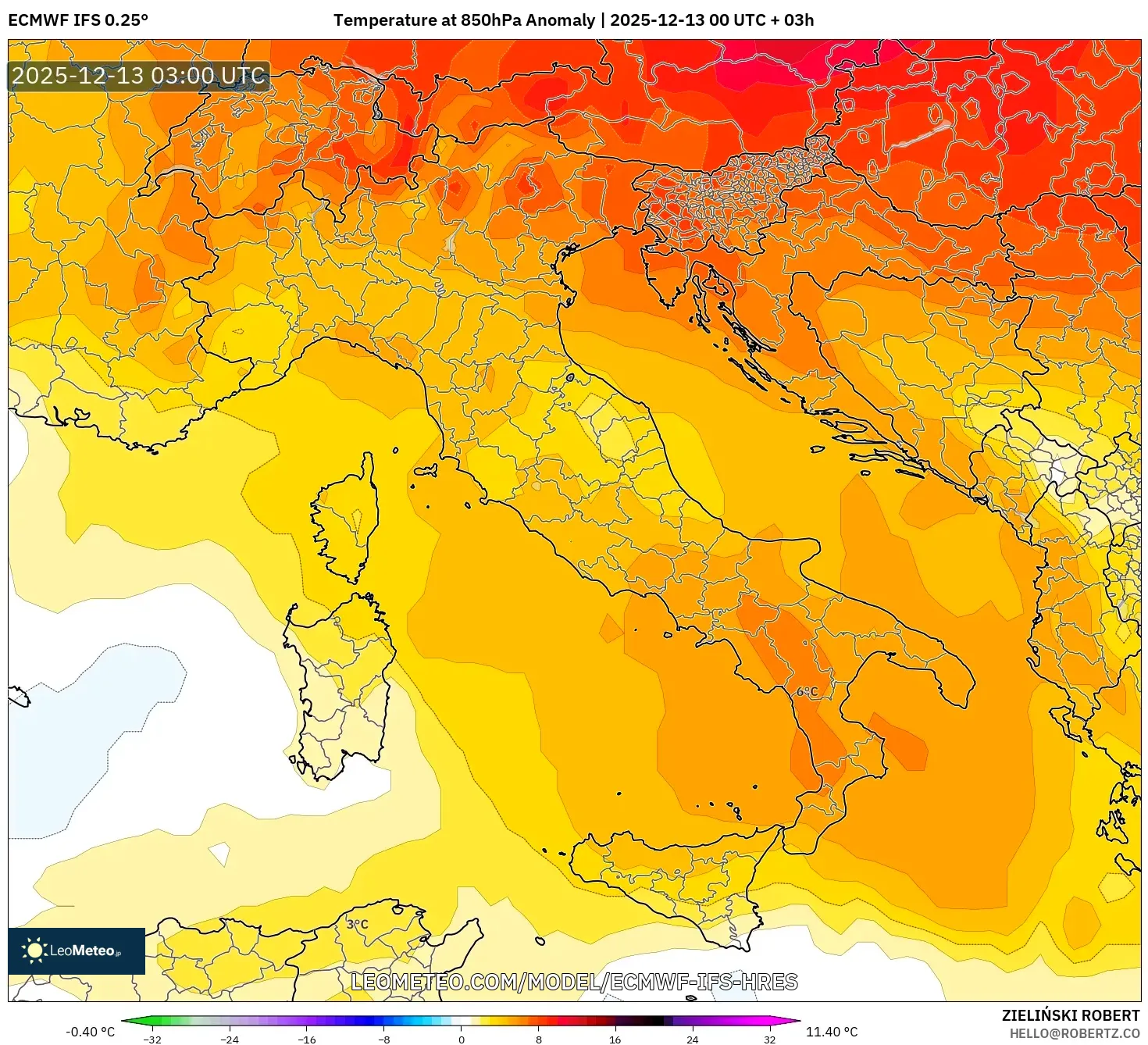 ECMWF IFS 0.25° model - Italia, Anomali Suhu 850 hPa