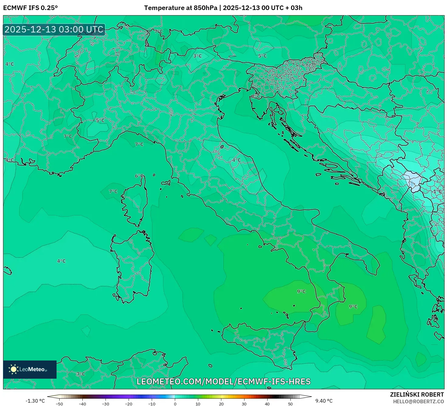ECMWF IFS 0.25° model - Italia, Suhu 850 hPa