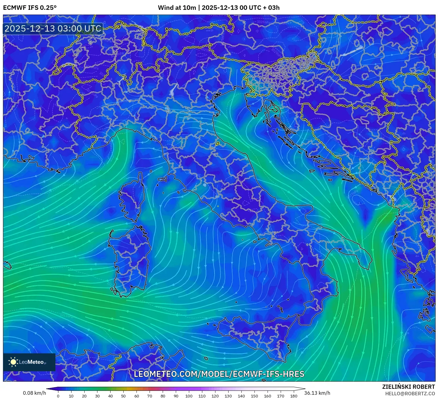 ECMWF IFS 0.25° model - Italia, Angin 10 m