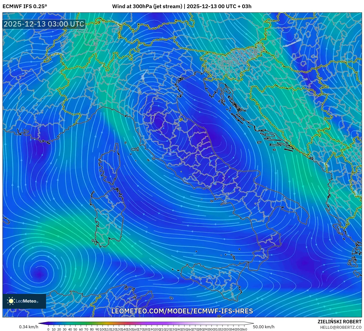 ECMWF IFS 0.25° model - Italia, Angin 300 hPa (aliran jet)