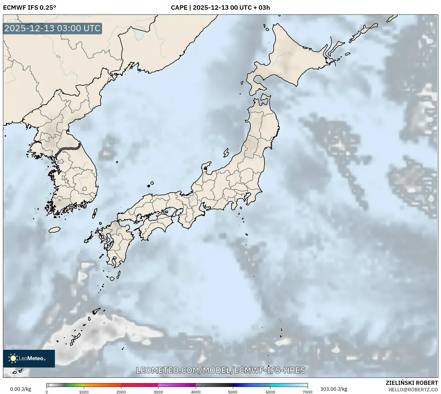 ECMWF IFS 0.25° model - Japan, CAPE