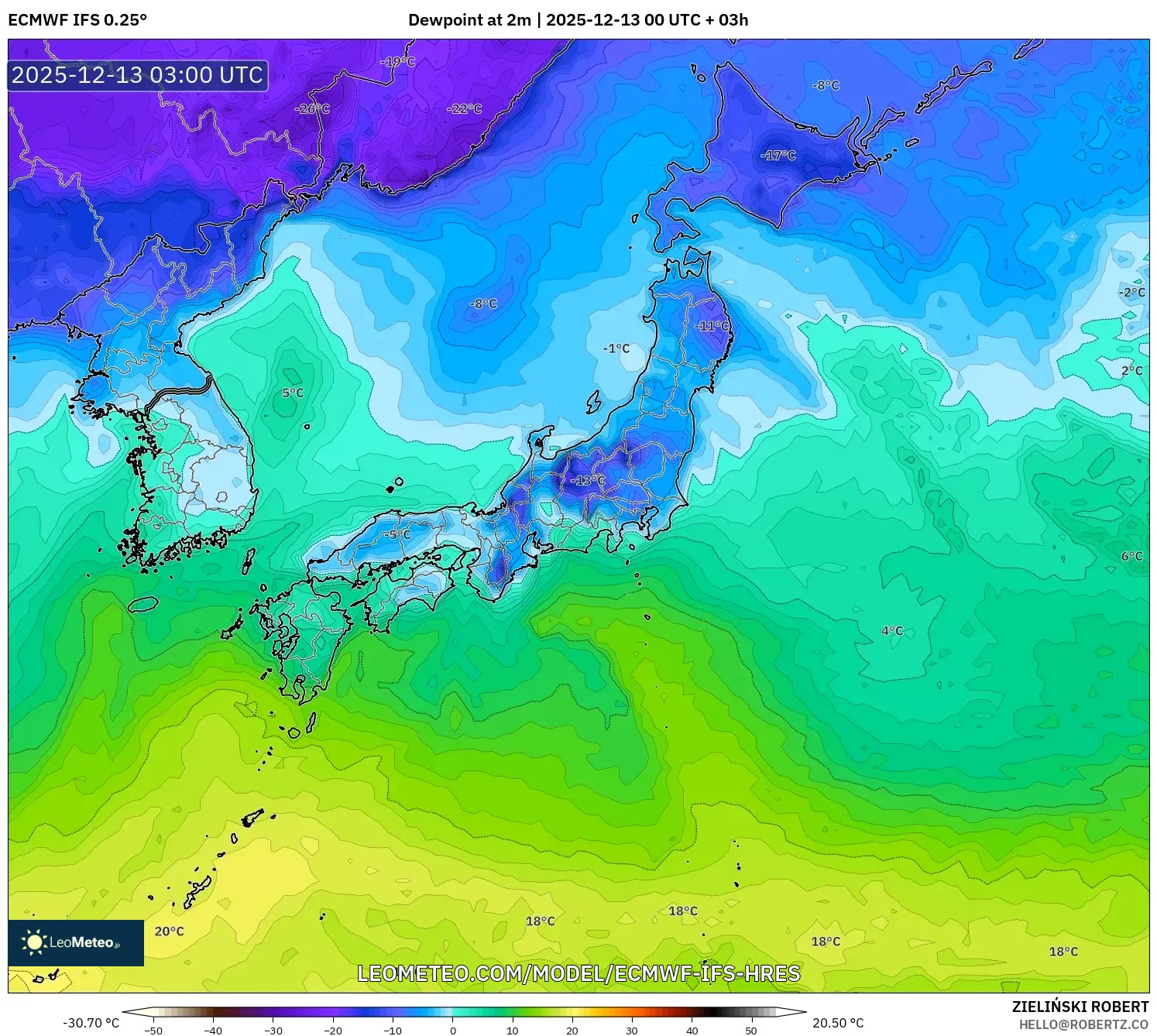 ECMWF IFS 0.25° model - Jepang, Titik Embun 2 m