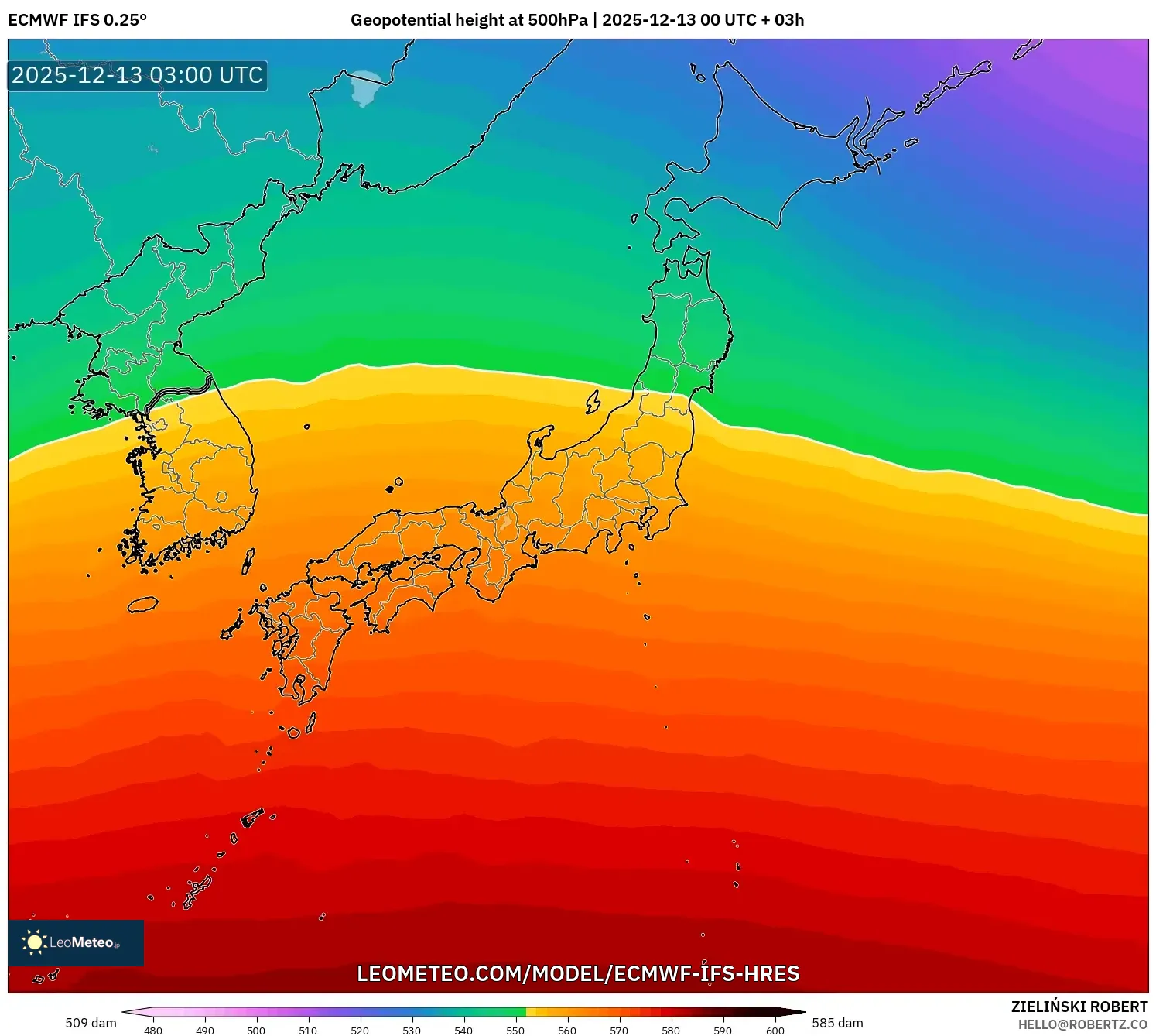 ECMWF IFS 0.25° model - Jepang, Ketinggian geopotensial pada 500 hPa