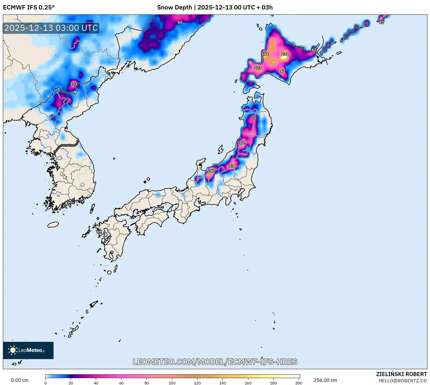 ECMWF IFS 0.25° model - Jepang, Kedalaman Salju