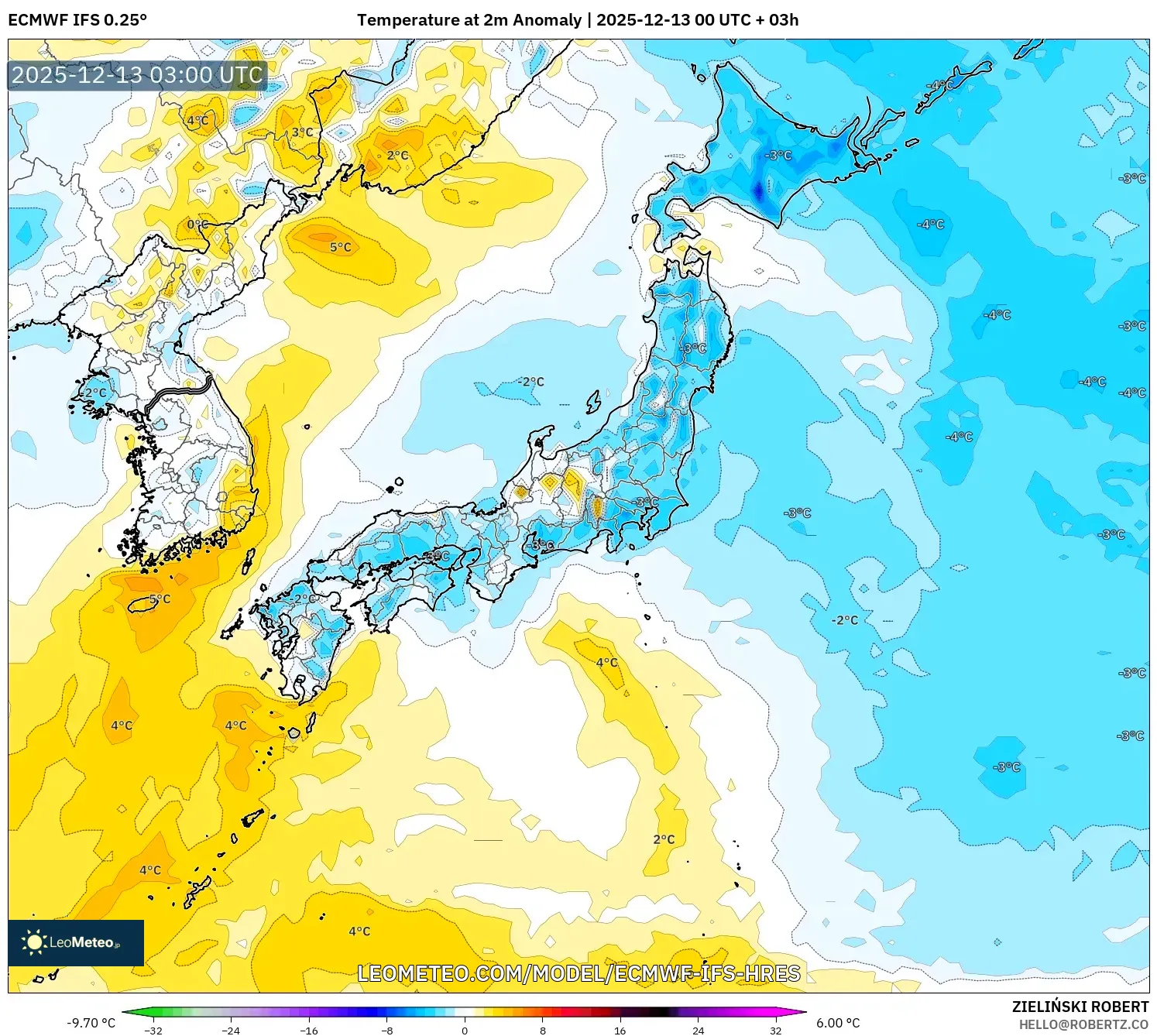 ECMWF IFS 0.25° model - Japan, Temperature at 2m Anomaly