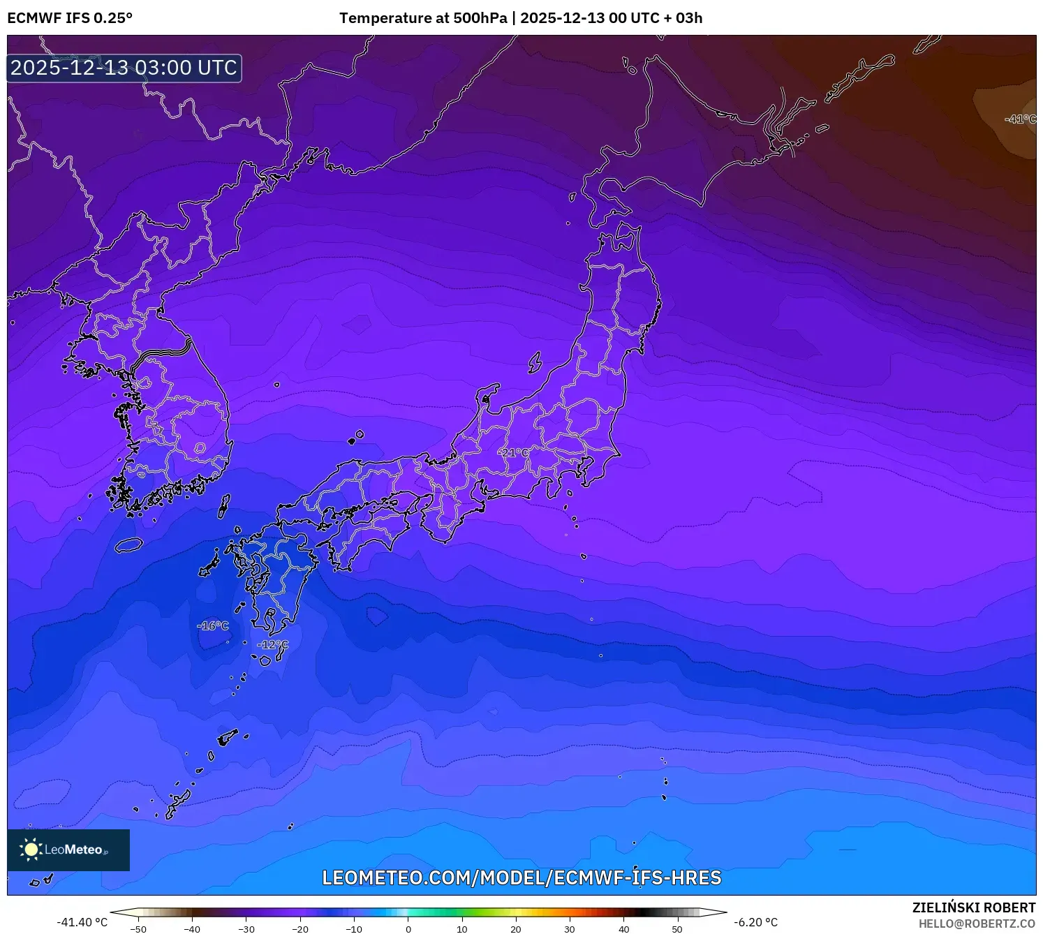 ECMWF IFS 0.25° model - Jepang, Suhu 500 hPa