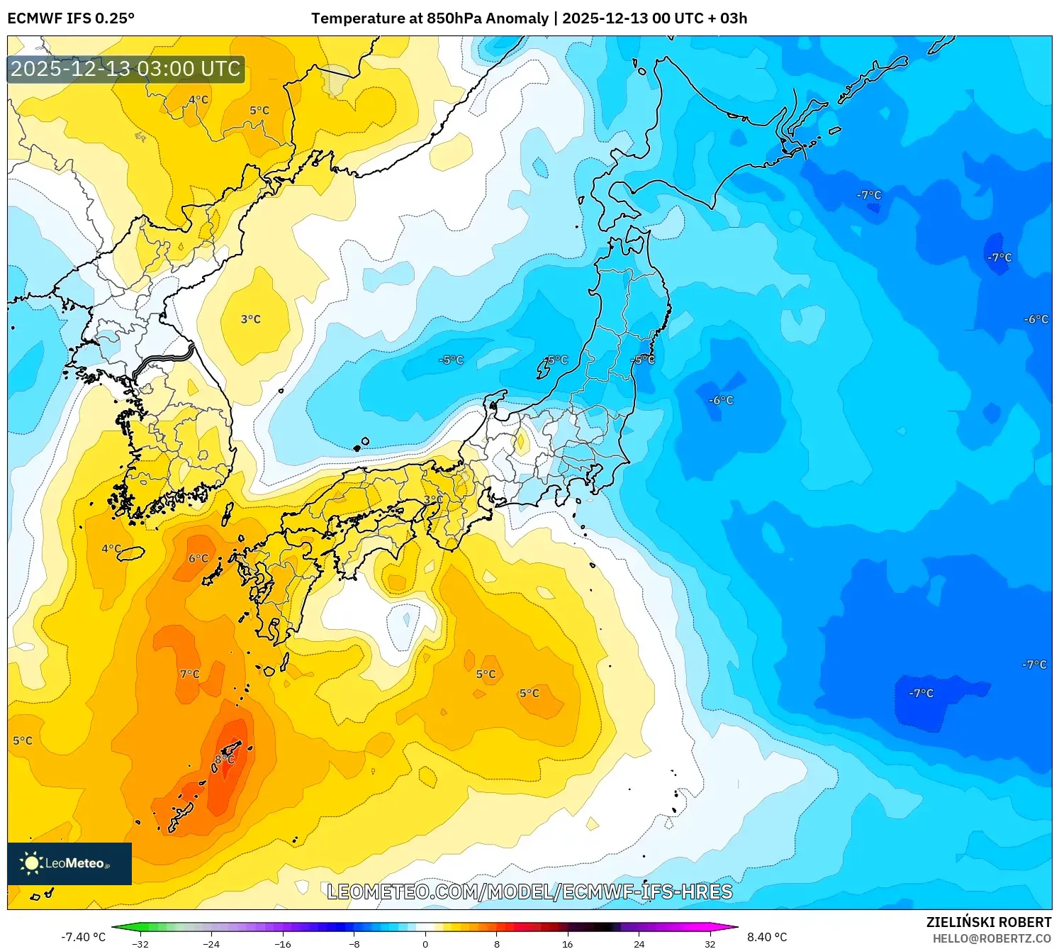 ECMWF IFS 0.25° model - Jepang, Anomali Suhu 850 hPa
