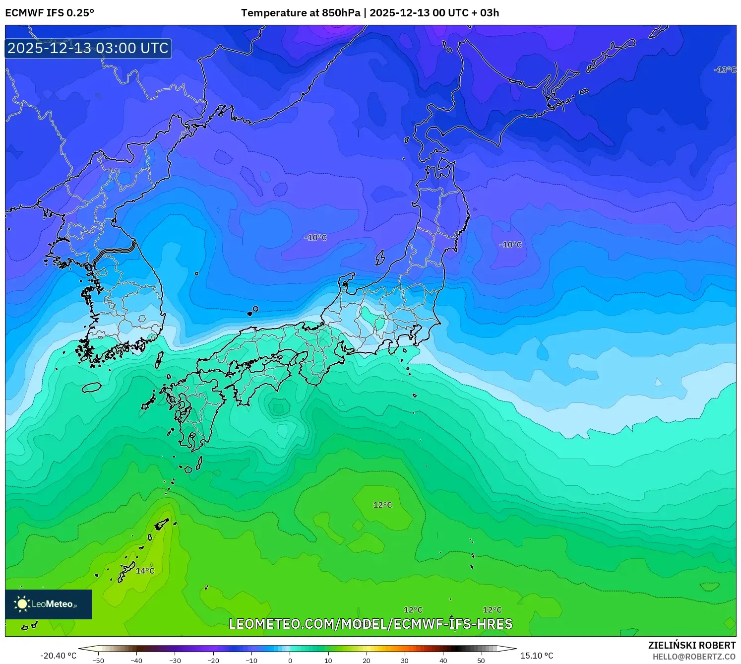 ECMWF IFS 0.25° model - Jepang, Suhu 850 hPa