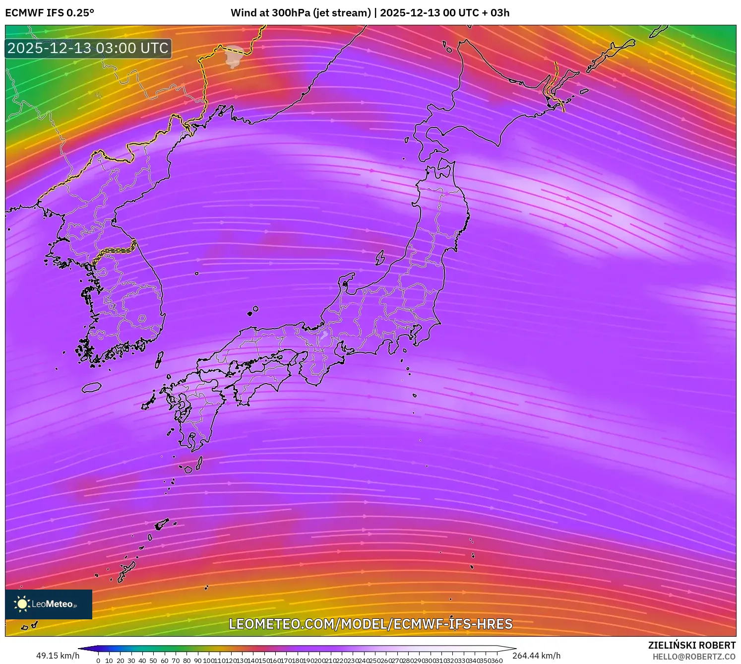 ECMWF IFS 0.25° model - Jepang, Angin 300 hPa (aliran jet)