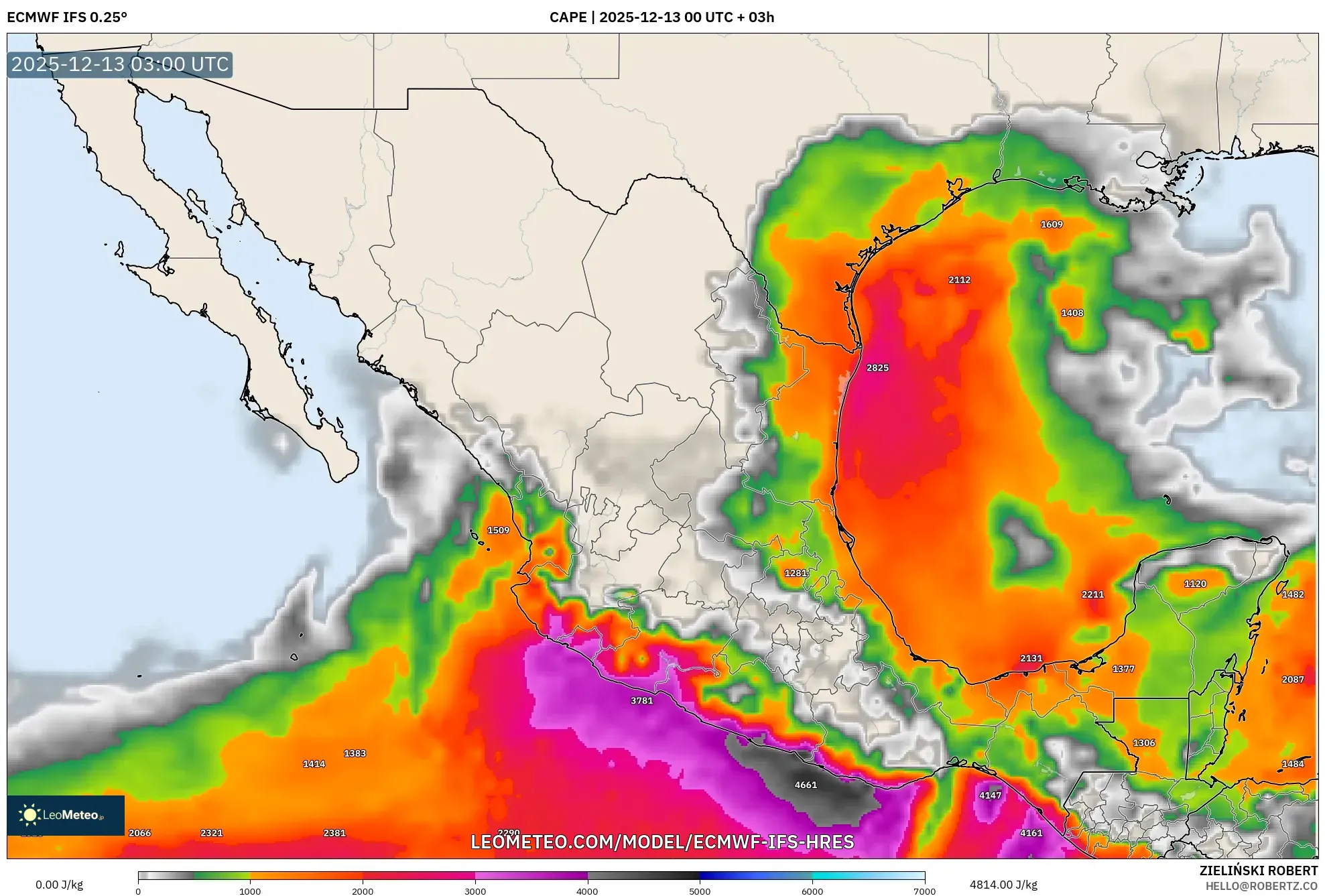 ECMWF IFS 0.25° model - Mexico, CAPE