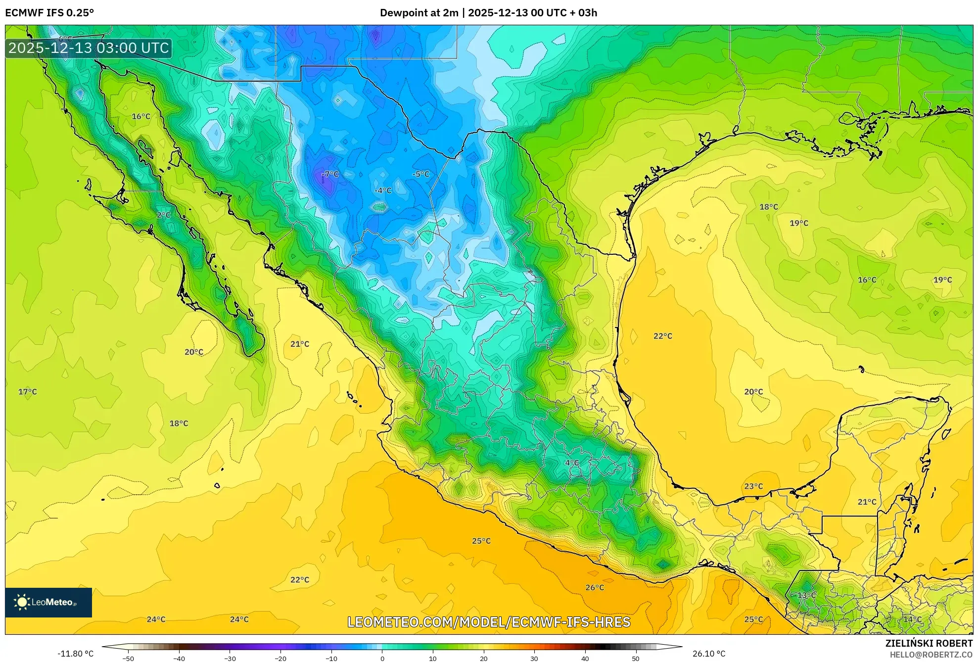 ECMWF IFS 0.25° model - Meksiko, Titik Embun 2 m