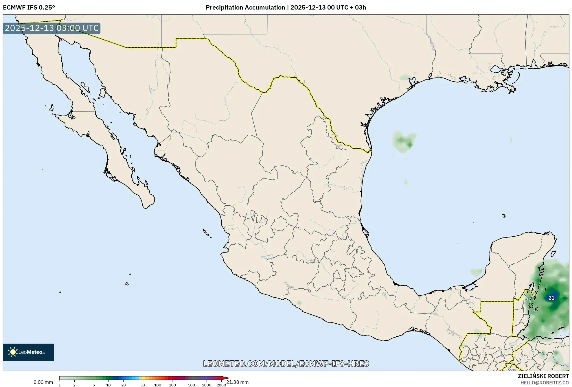 ECMWF IFS 0.25° model - Meksiko, Akumulasi Curah Hujan