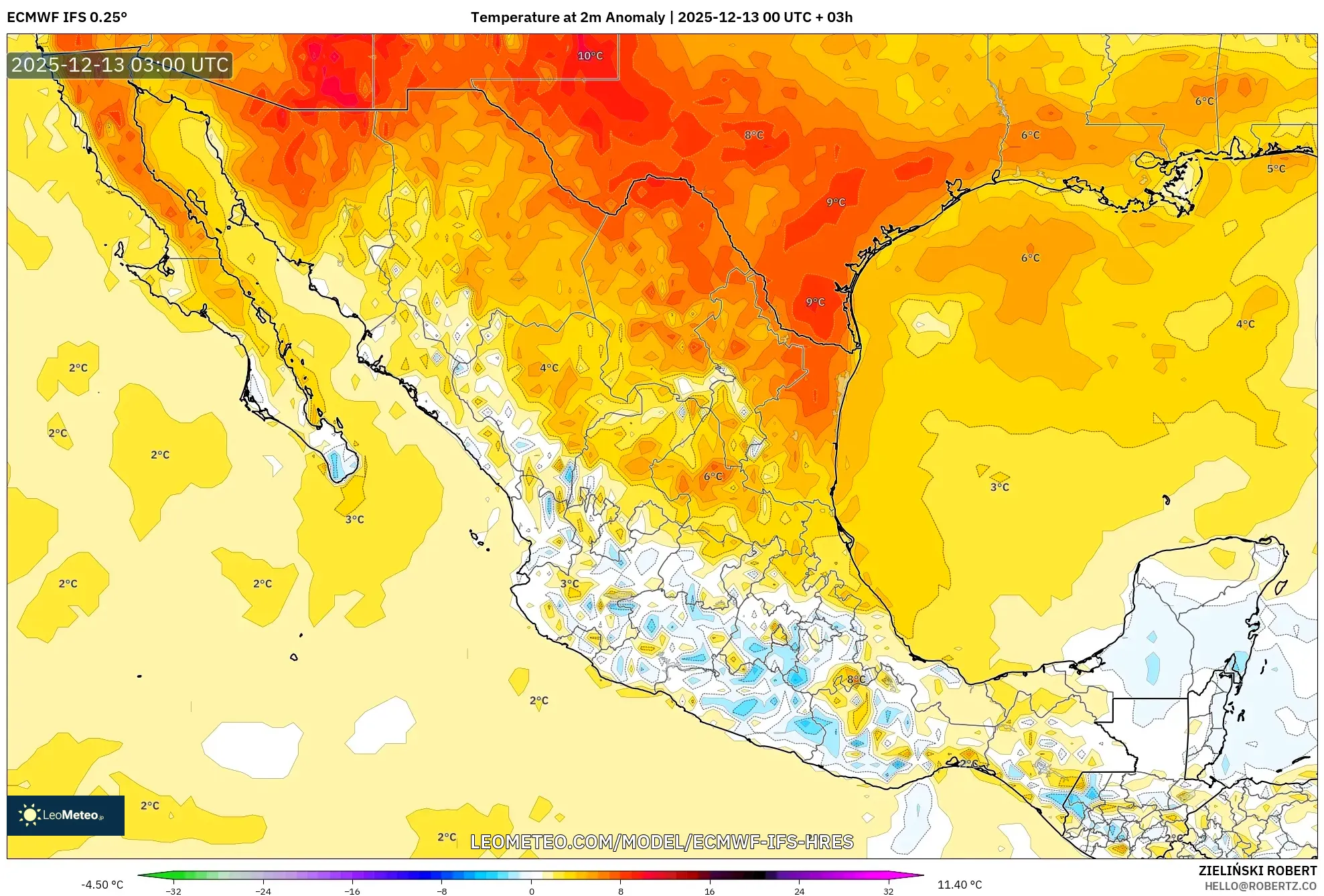 ECMWF IFS 0.25° model - Meksiko, Anomali Suhu 2 m
