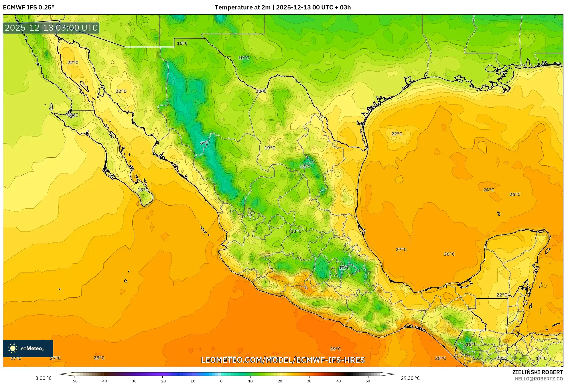 ECMWF IFS 0.25° model - Mexico, Temperature at 2m
