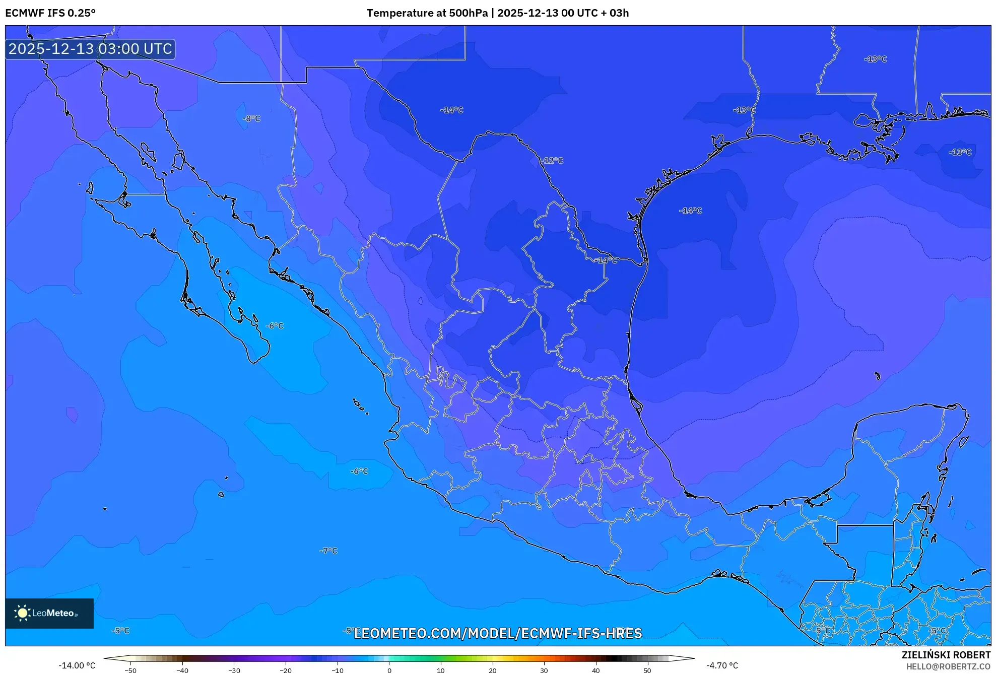 ECMWF IFS 0.25° model - Mexico, Temperature at 500hPa
