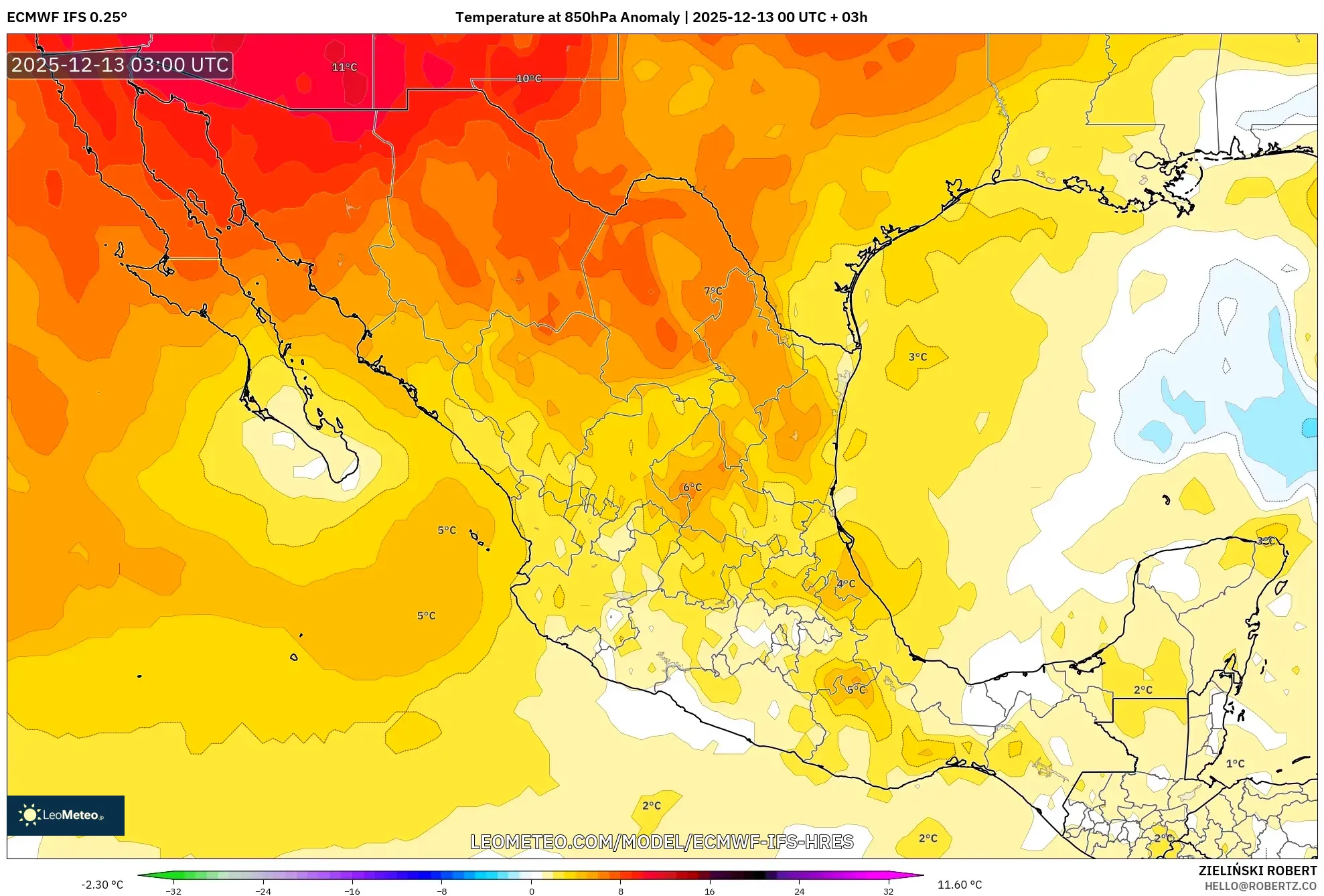 ECMWF IFS 0.25° model - Meksiko, Anomali Suhu 850 hPa