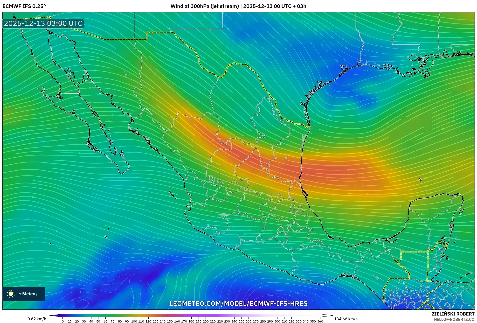 ECMWF IFS 0.25° model - Meksiko, Angin 300 hPa (aliran jet)